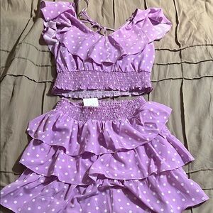 Lavender Polka Dot Ruffle Two-Piece Jumpsuit Romper